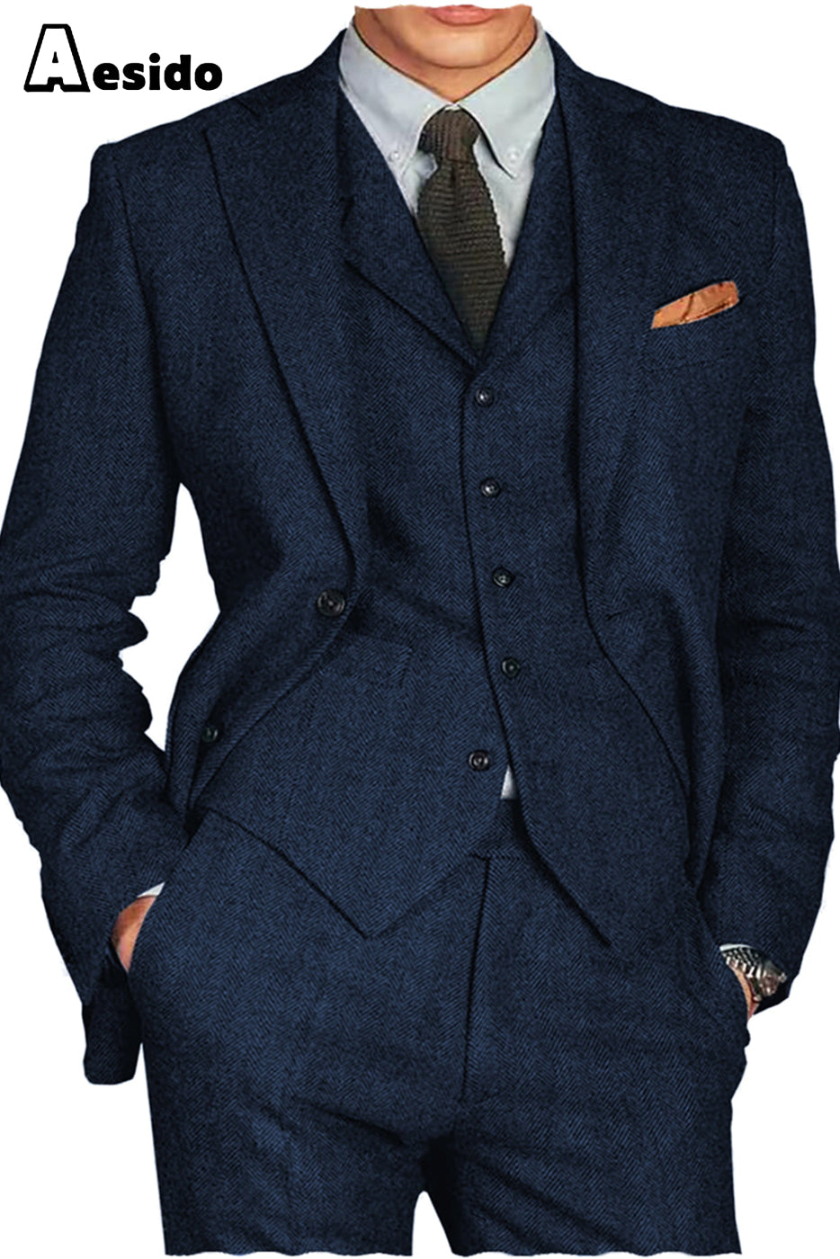 aesido 3 Piece Notch Lapel Men Suit(Blazer+Vest+Pants)