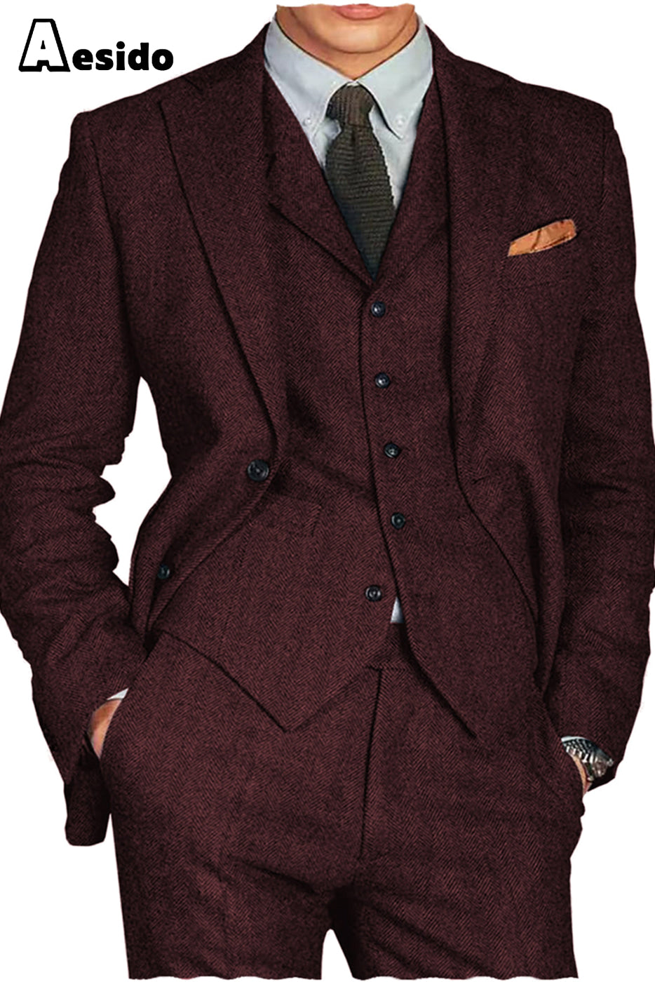 aesido 3 Piece Notch Lapel Men Suit(Blazer+Vest+Pants)