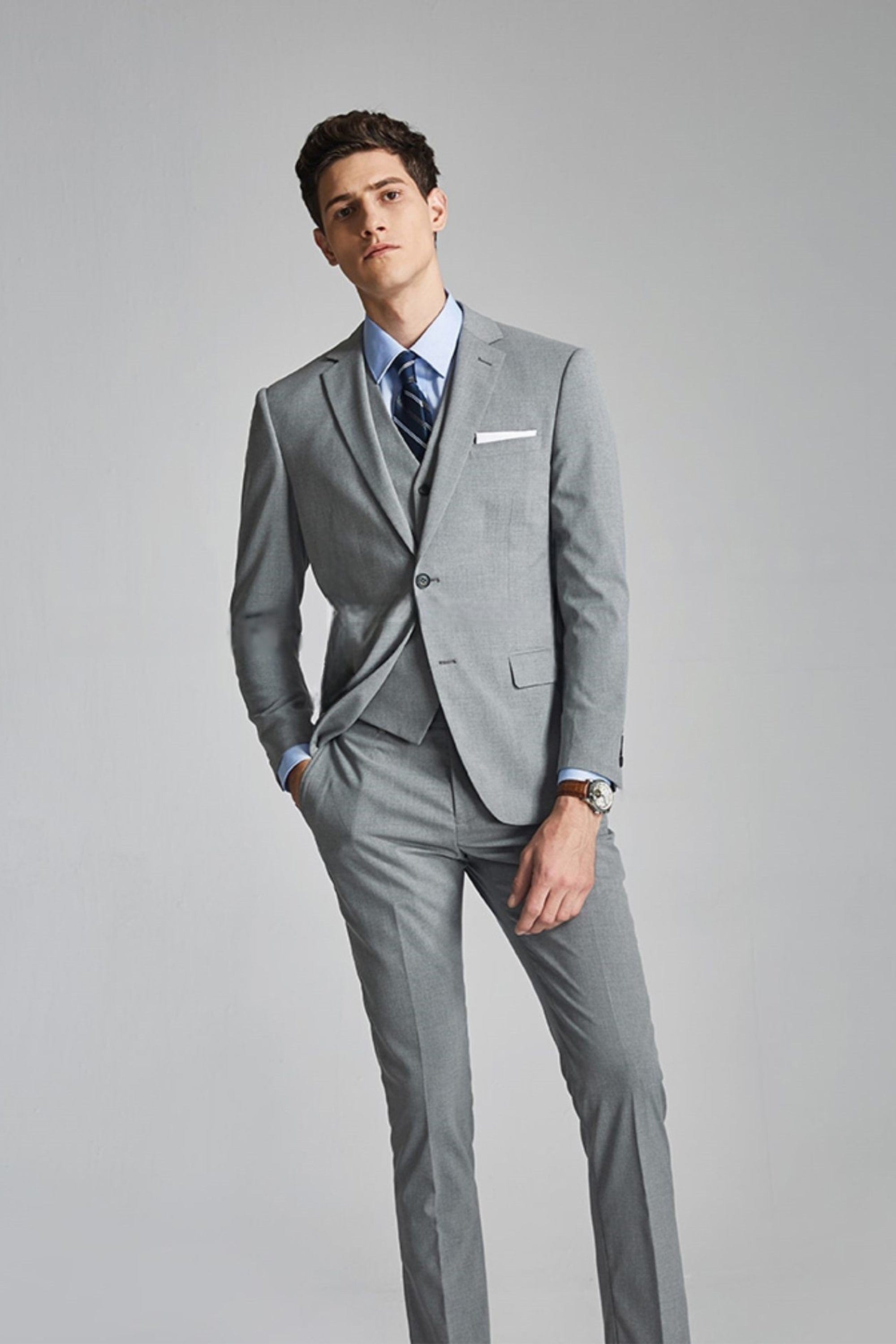 aesido 3 Piece Silver Single Breasted Casual Men's Suit Business Slim Fit Groom Wedding Dress