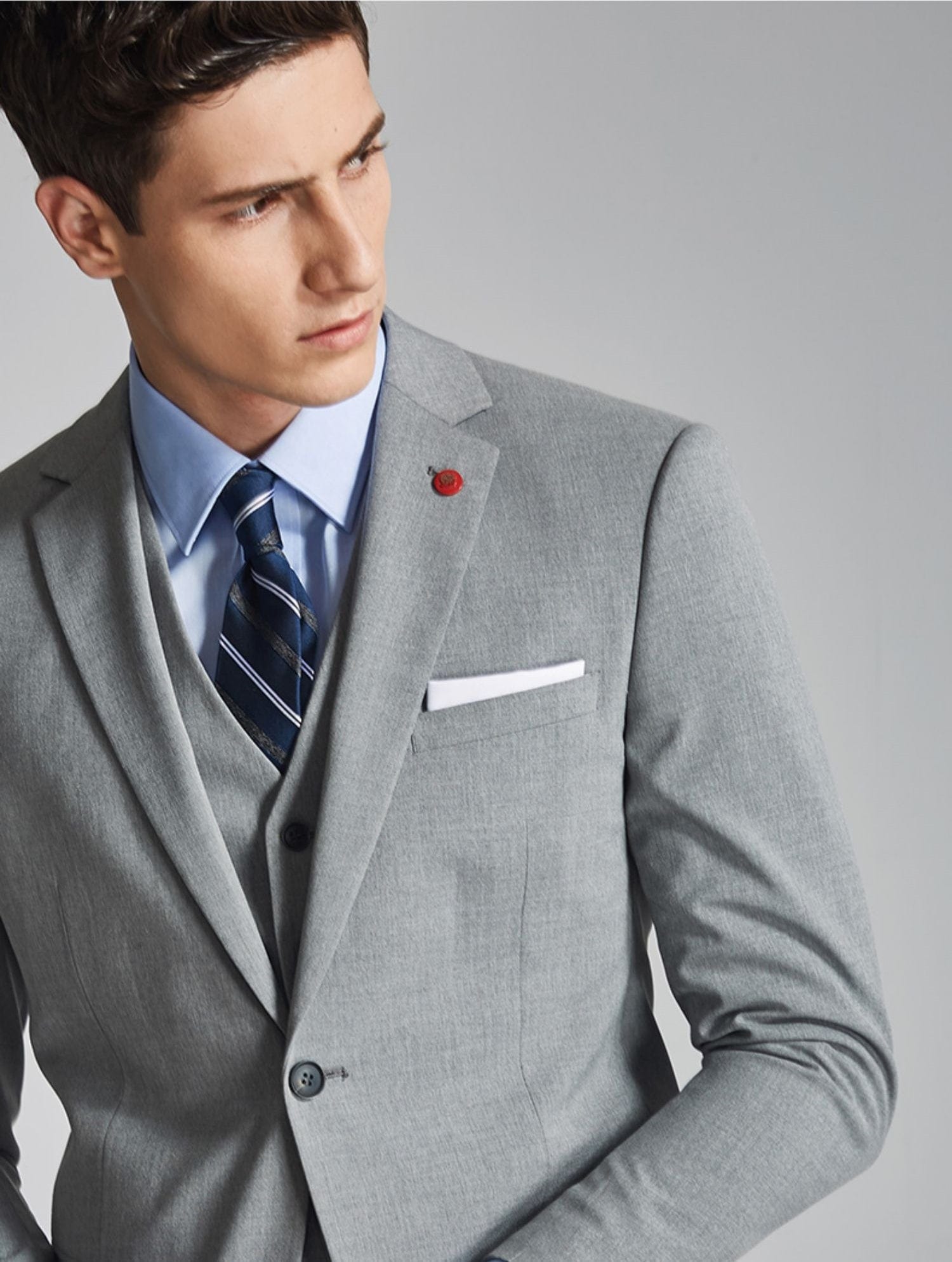 aesido 3 Piece Silver Single Breasted Casual Men's Suit Business Slim Fit Groom Wedding Dress