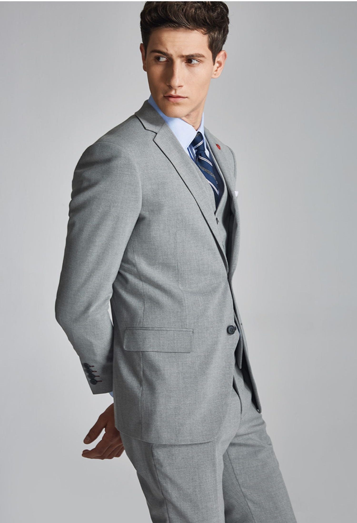 aesido 3 Piece Silver Single Breasted Casual Men's Suit Business Slim Fit Groom Wedding Dress