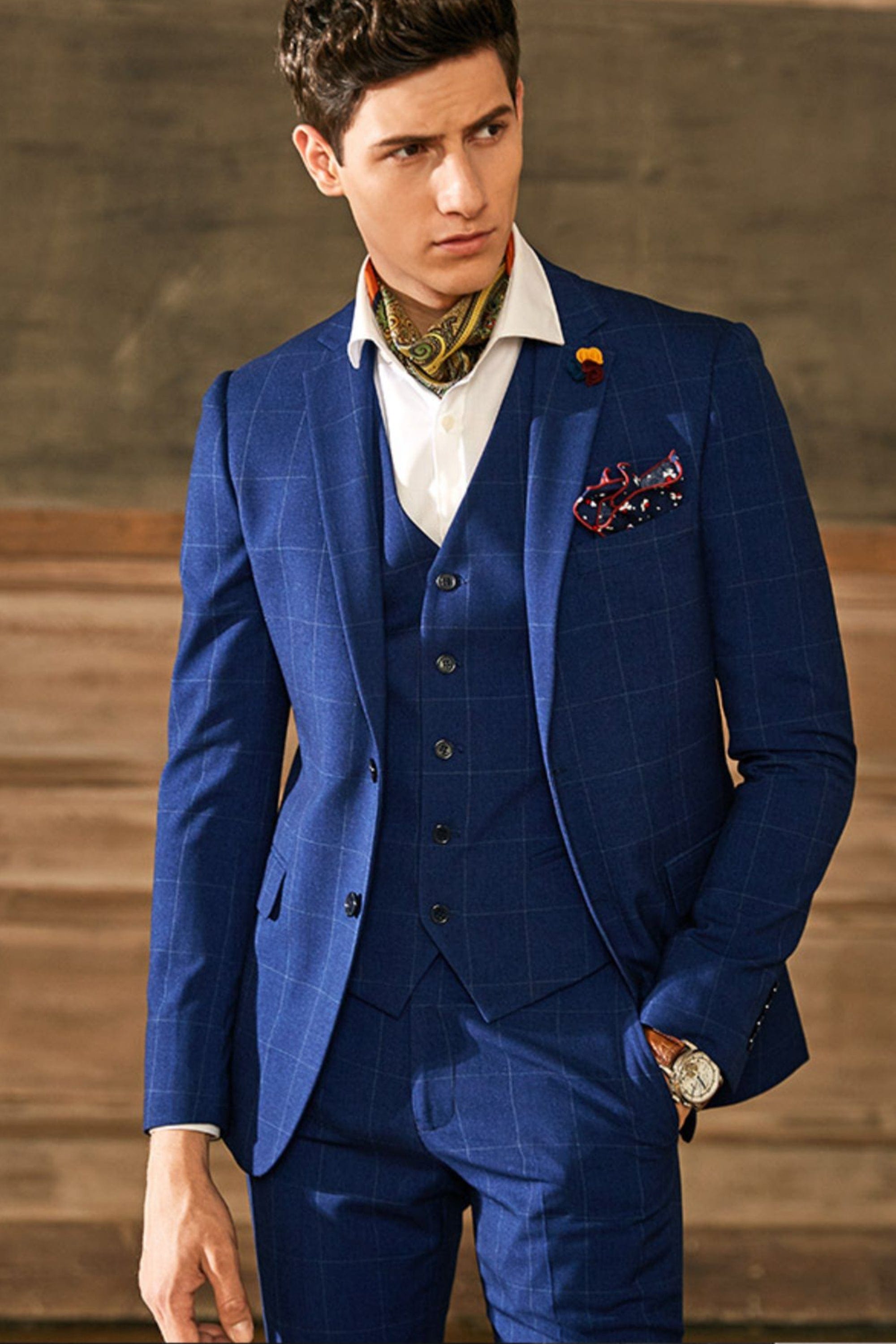 aesido 3 Piece Single Breasted Plaid Men's Suit Business Slim Fit Groom Wedding Dress