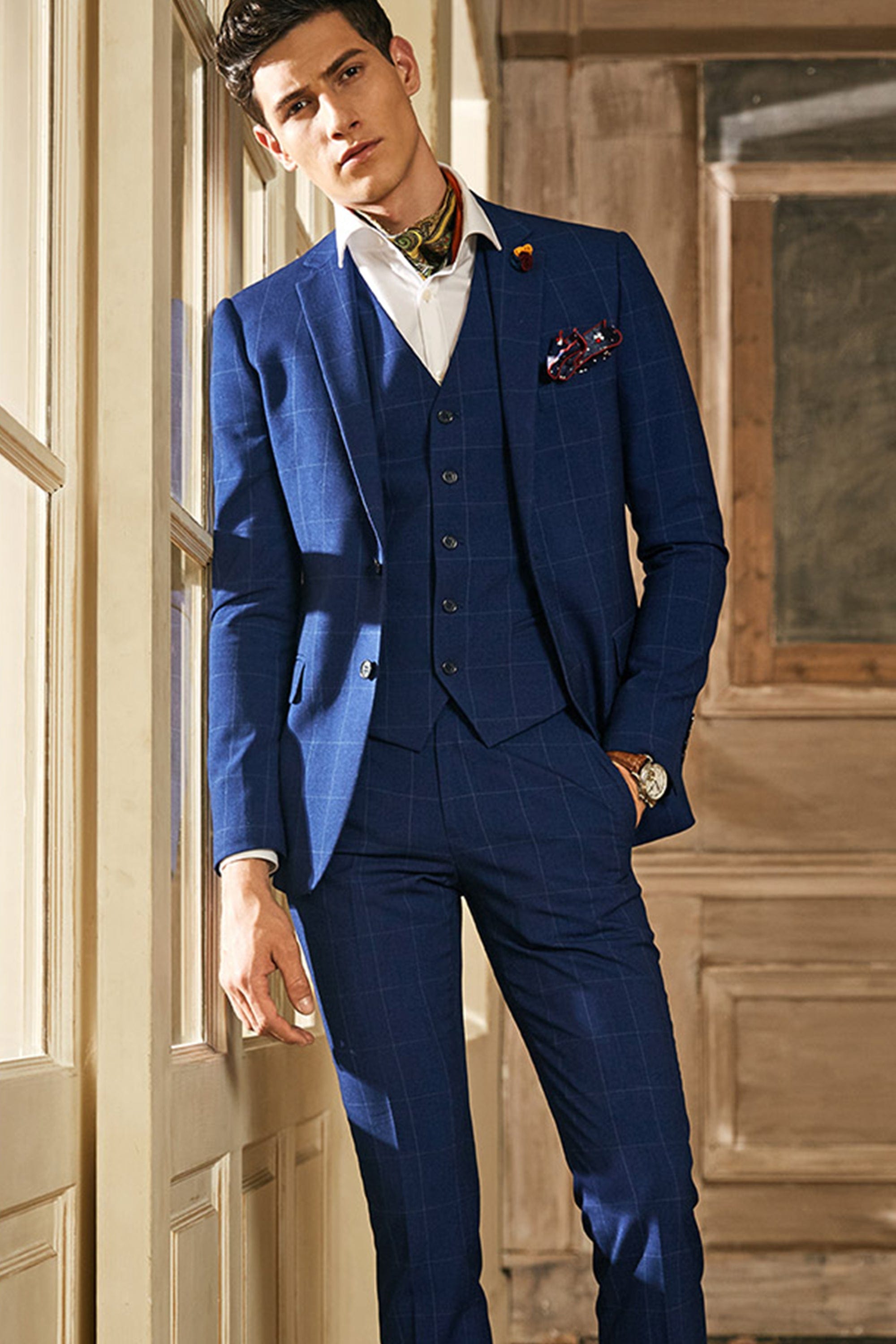 aesido 3 Piece Single Breasted Plaid Men's Suit Business Slim Fit Groom Wedding Dress