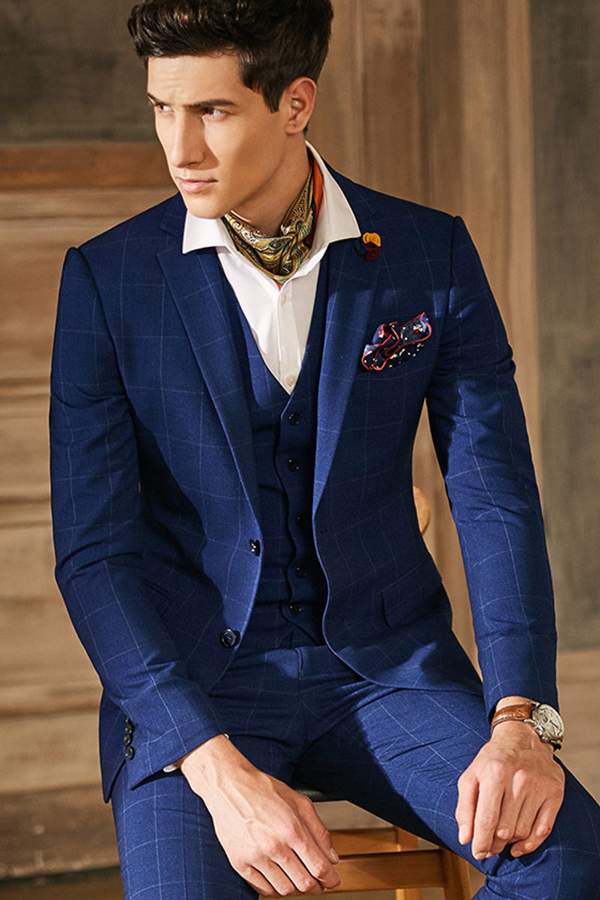 aesido 3 Piece Single Breasted Plaid Men's Suit Business Slim Fit Groom Wedding Dress