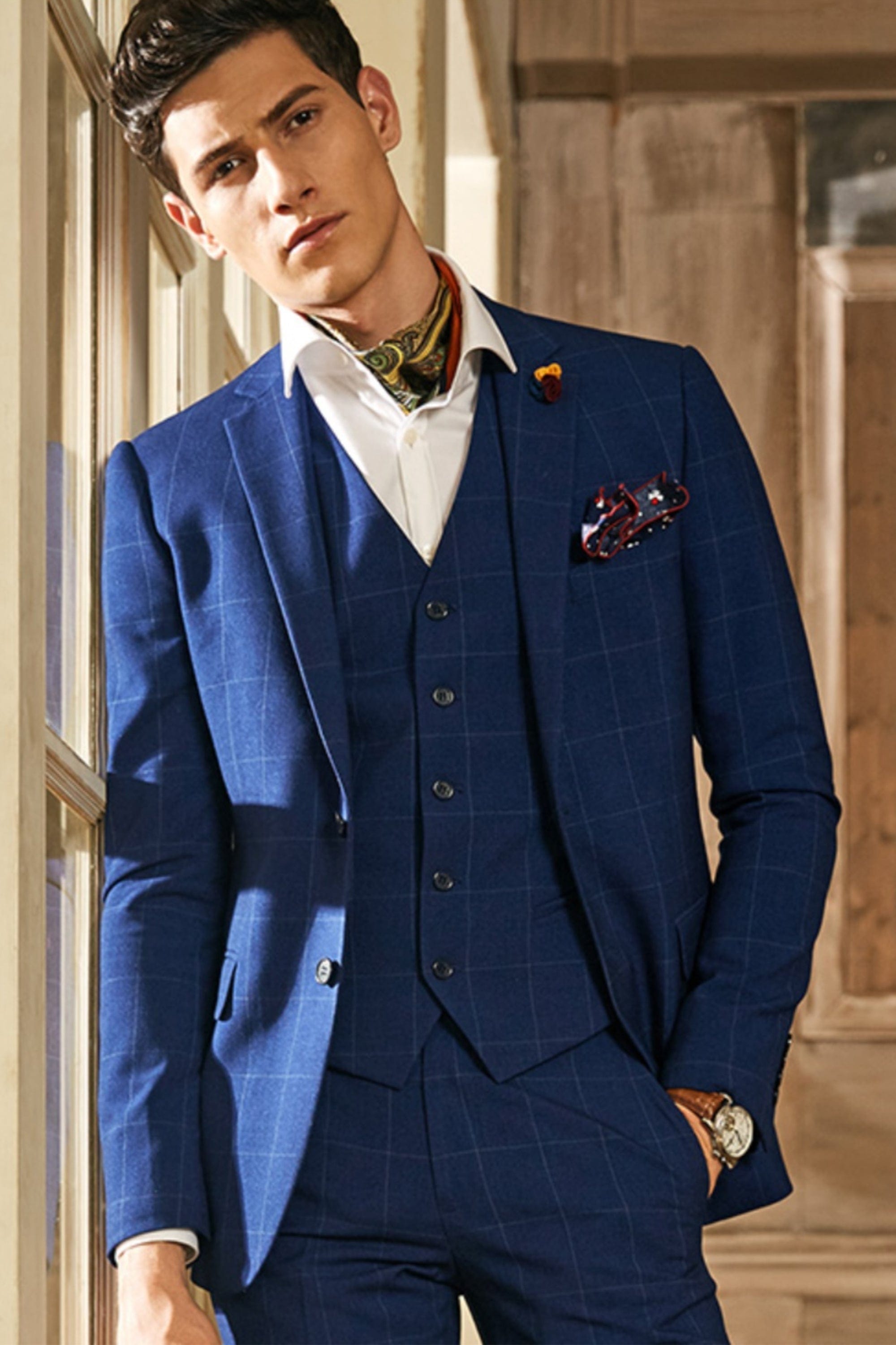 aesido 3 Piece Single Breasted Plaid Men's Suit Business Slim Fit Groom Wedding Dress