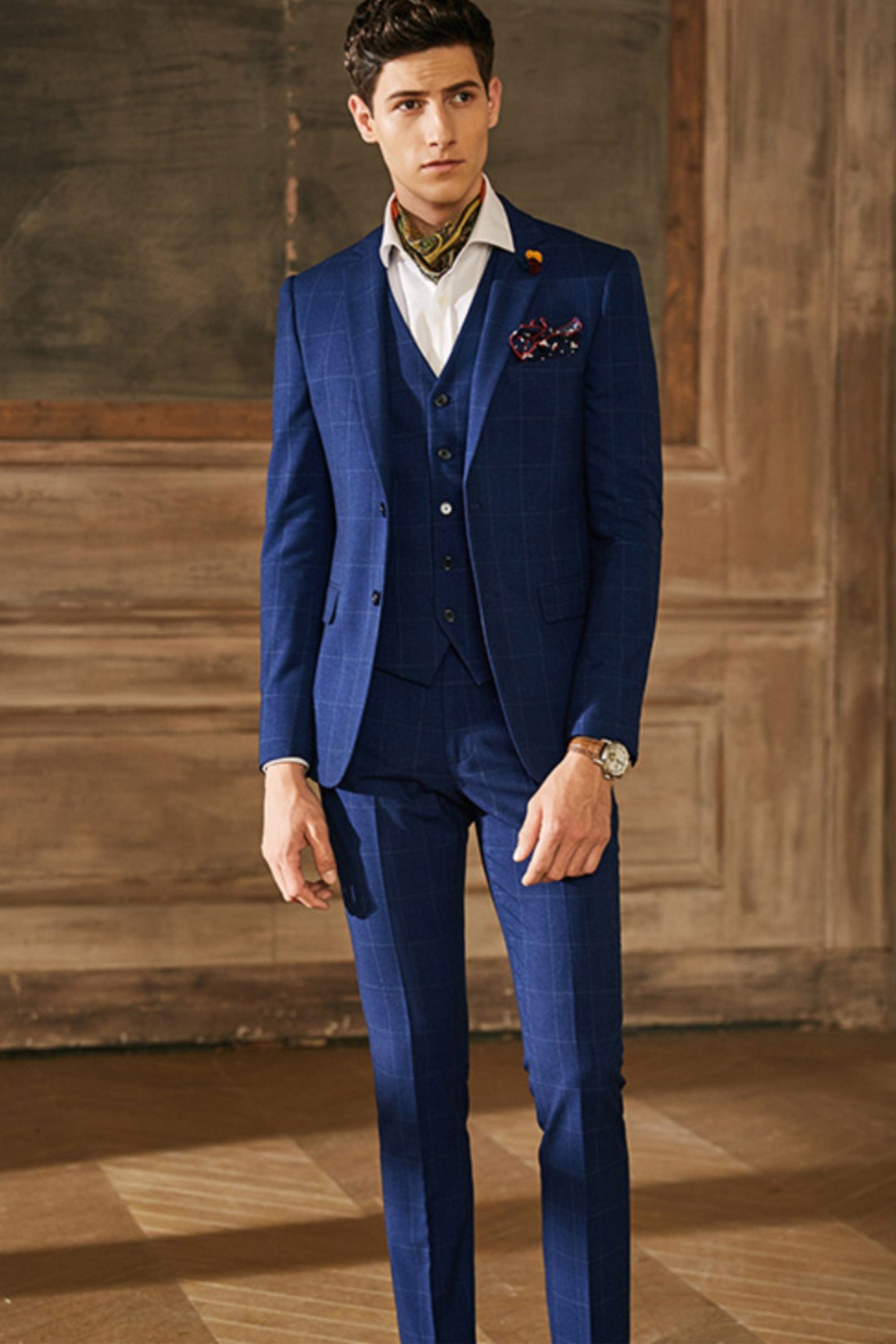 3 Piece Single Breasted Plaid Men's Suit Business Slim Fit Groom Wedding Dress Blue / 48R 3 Piece Single Breasted Plaid Men's Suit Business Slim Fit Groom Wedding Dress Blue / 48R