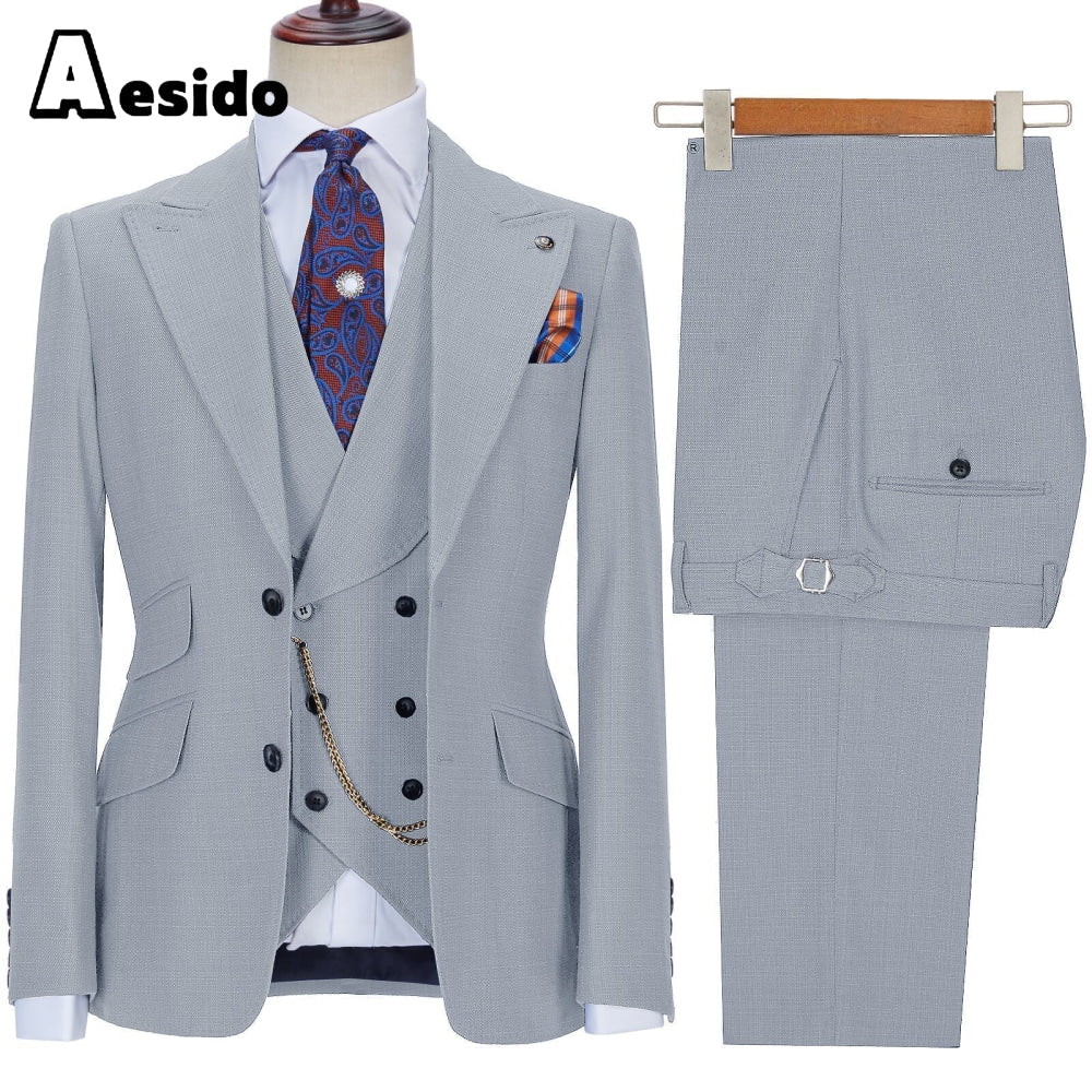 aesido 3 Pieces Business Mens Suit Slim Fit Peak Lapel Flat Blazer For Wedding (Blazer+vest+Pants)
