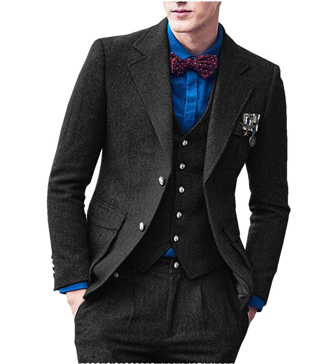 aesido 3 Pieces Double Button Notch Lape Men Suit (Blazer+Vest+Pants)