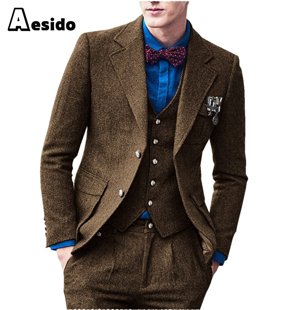 aesido 3 Pieces Double Button Notch Lape Men Suit (Blazer+Vest+Pants)