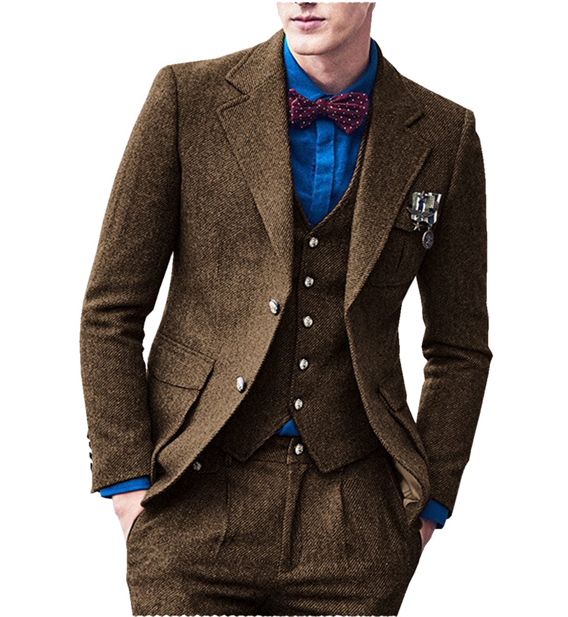 aesido 3 Pieces Double Button Notch Lape Men Suit (Blazer+Vest+Pants)