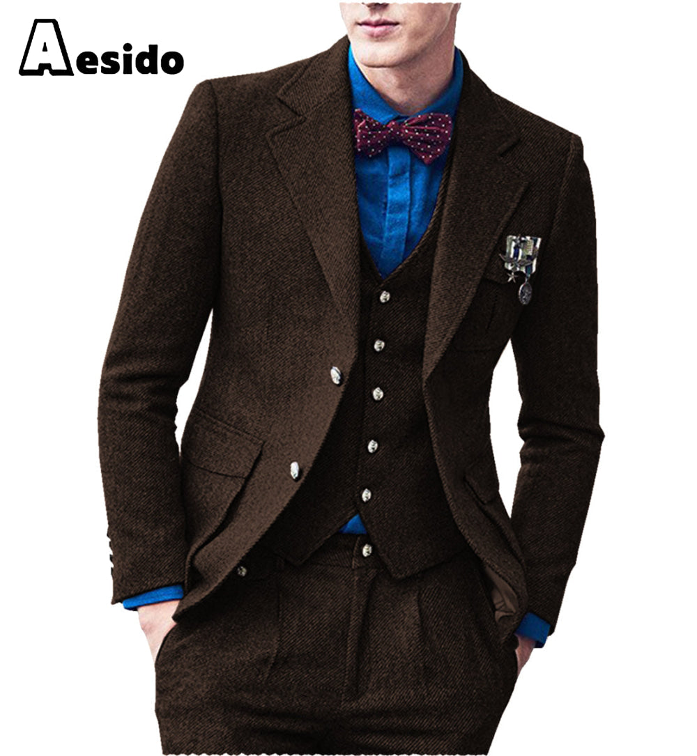 aesido 3 Pieces Double Button Notch Lape Men Suit (Blazer+Vest+Pants)
