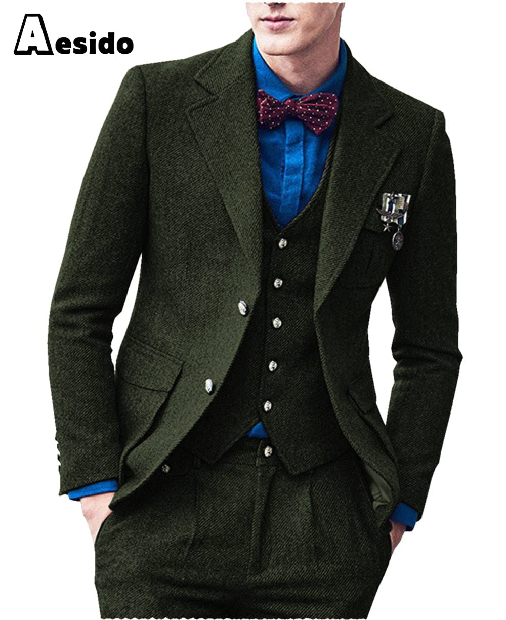 aesido 3 Pieces Double Button Notch Lape Men Suit (Blazer+Vest+Pants)