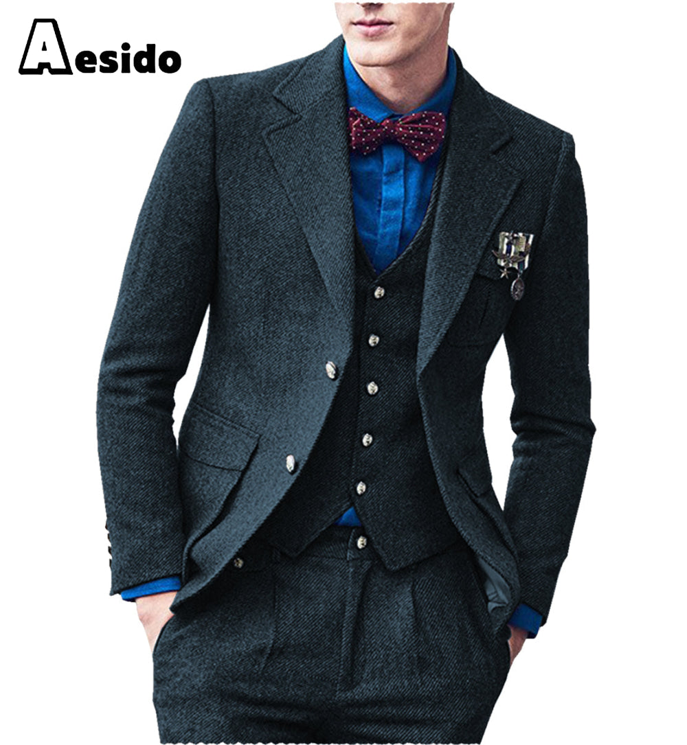 aesido 3 Pieces Double Button Notch Lape Men Suit (Blazer+Vest+Pants)