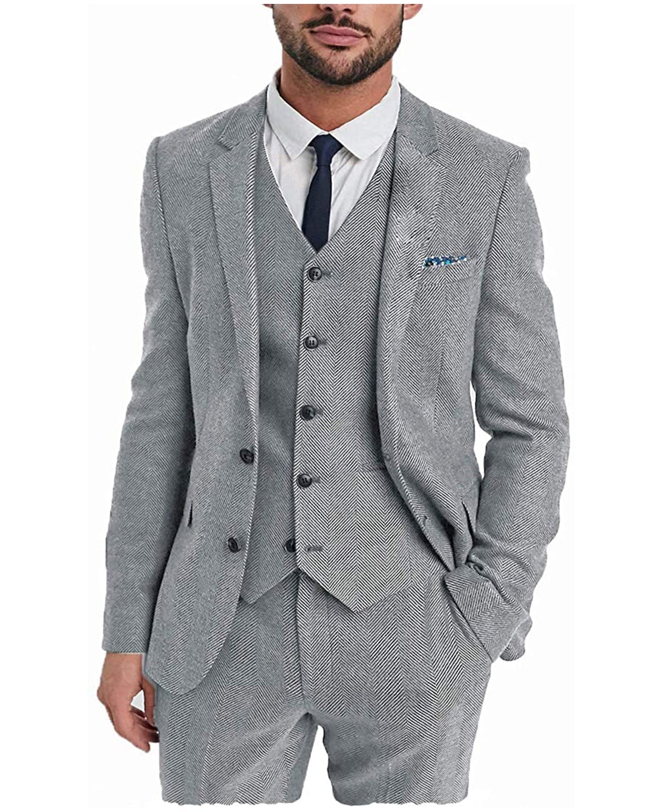 aesido 3 Pieces Mens Suit Herringbone Notch Lapel Blazer For Wedding (Blazer+vest+Pants)