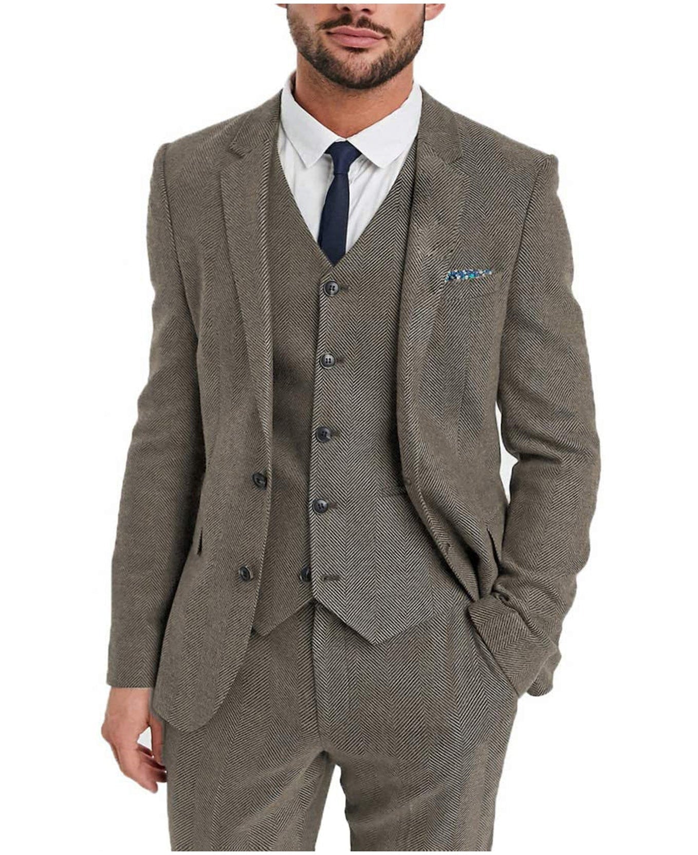 aesido 3 Pieces Mens Suit Herringbone Notch Lapel Blazer For Wedding (Blazer+vest+Pants)
