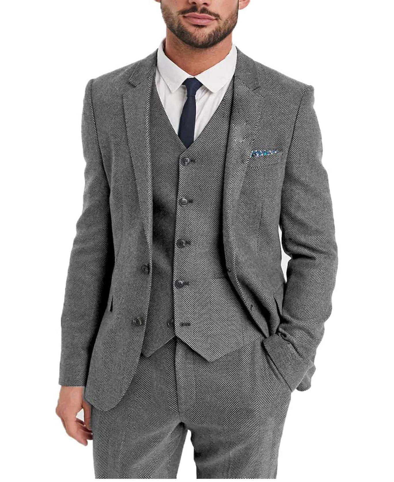 aesido 3 Pieces Mens Suit Herringbone Notch Lapel Blazer For Wedding (Blazer+vest+Pants)