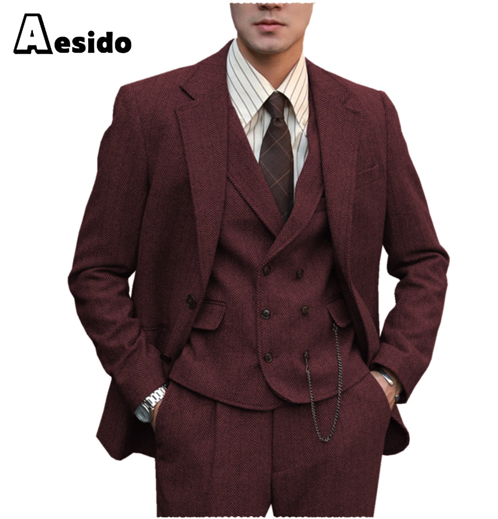 aesido 3 Pieces Notch Lapel Men Suit(Blazer+Vest+Pants)