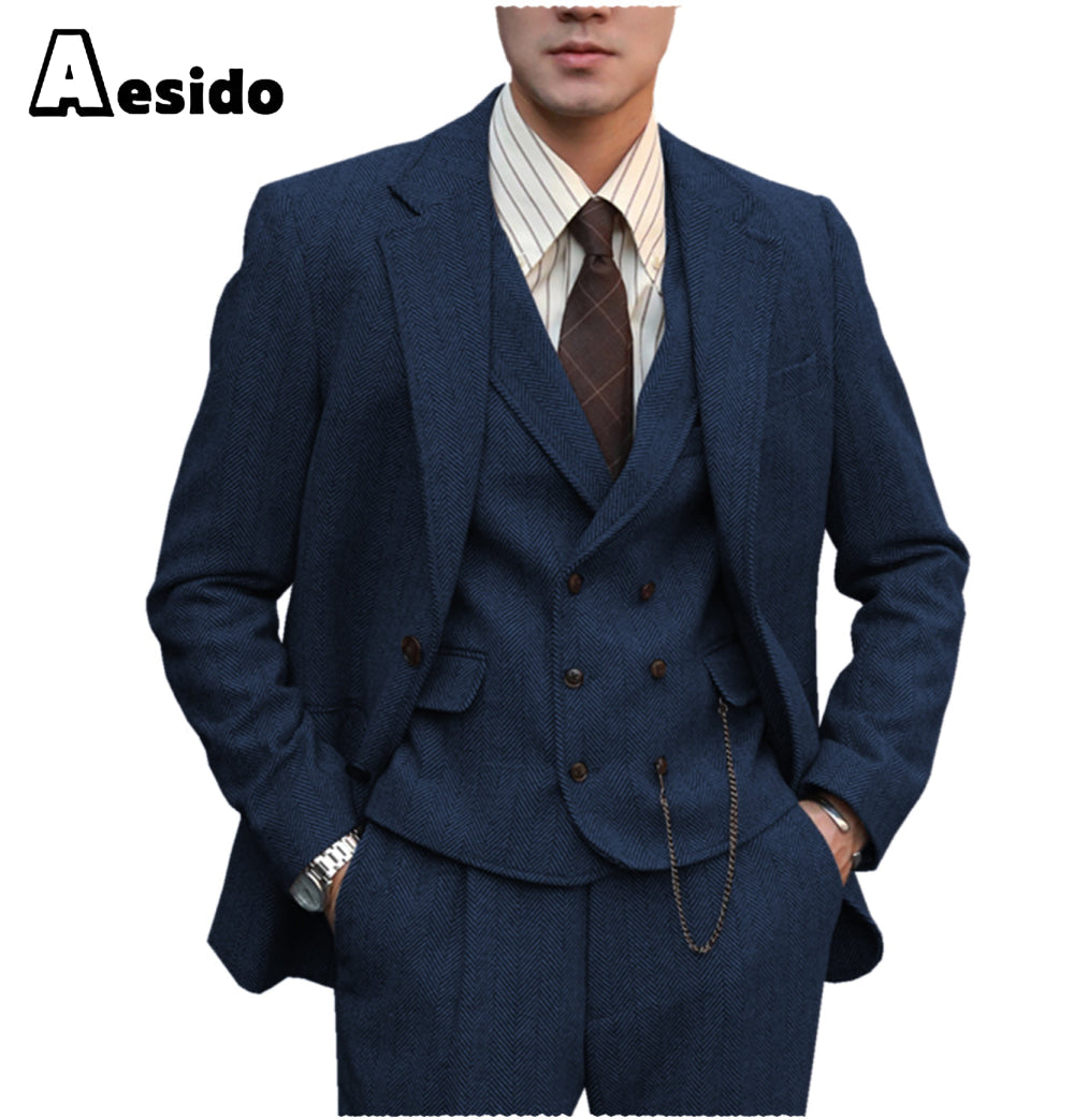 aesido 3 Pieces Notch Lapel Men Suit(Blazer+Vest+Pants)