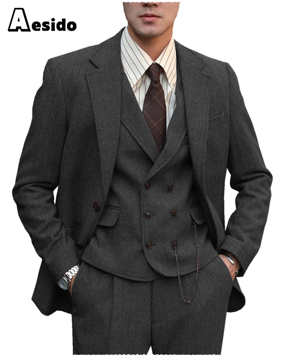 aesido 3 Pieces Notch Lapel Men Suit(Blazer+Vest+Pants)