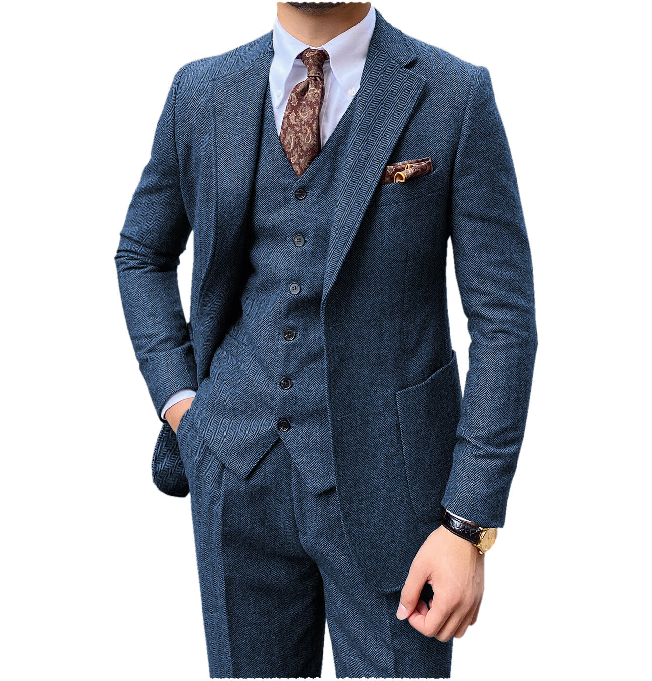 aesido 3 Pieces Peack Lapel Men Suit (Blazer+Vest+Pants)