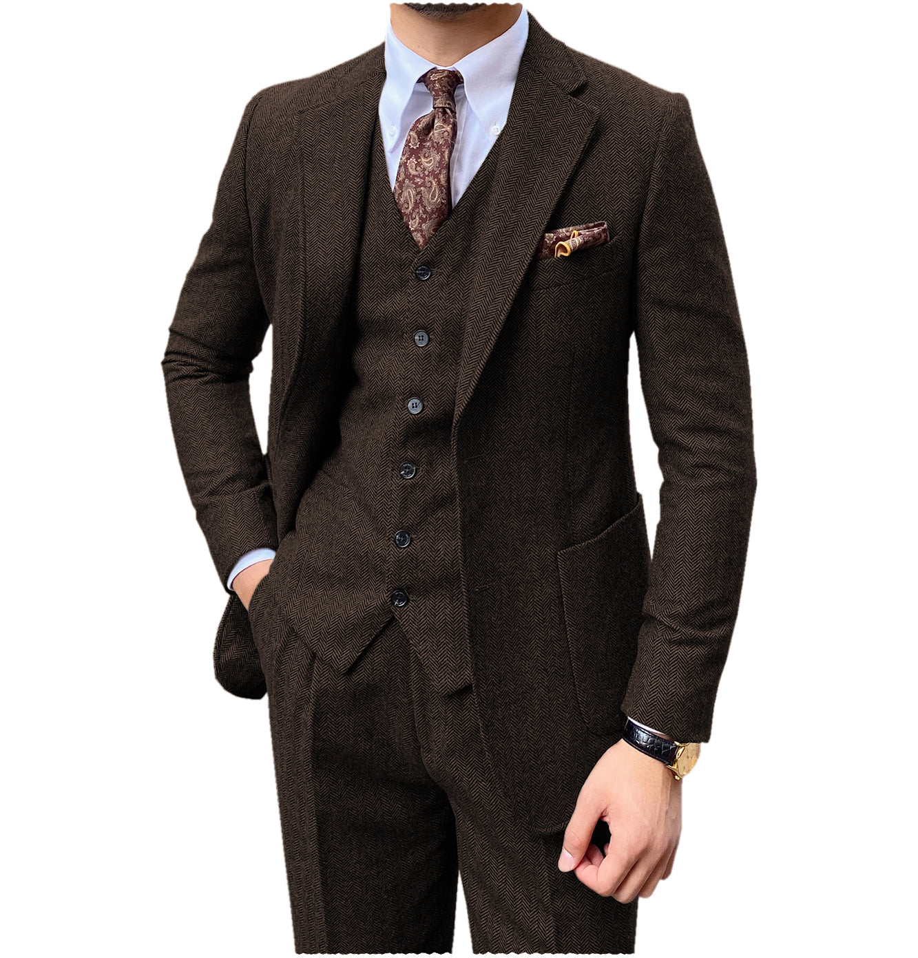 aesido 3 Pieces Peack Lapel Men Suit (Blazer+Vest+Pants)