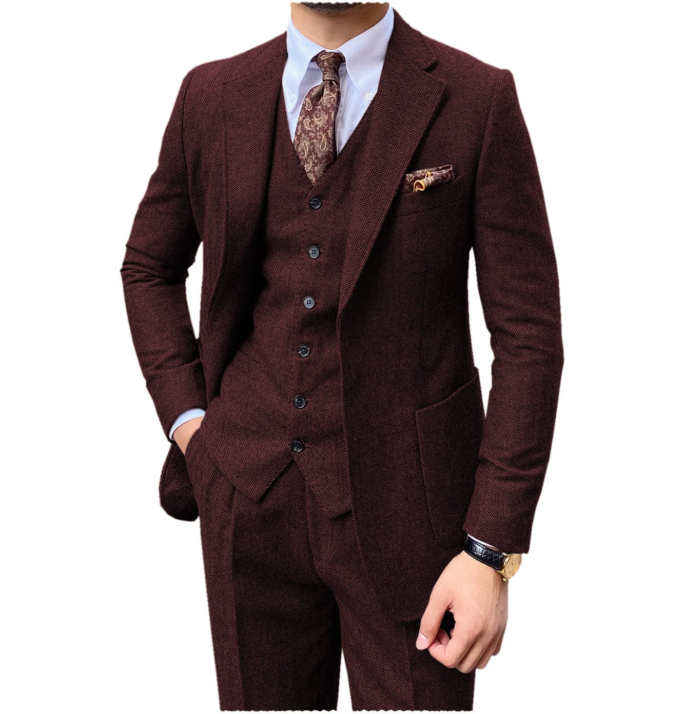 aesido 3 Pieces Peack Lapel Men Suit (Blazer+Vest+Pants)