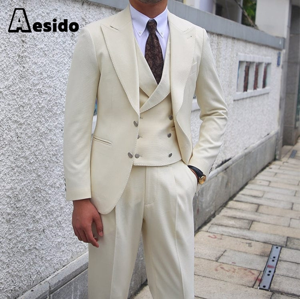 aesido 3 Pieces Peak Lapel Men Suit(Blazer+Vest+Pants)