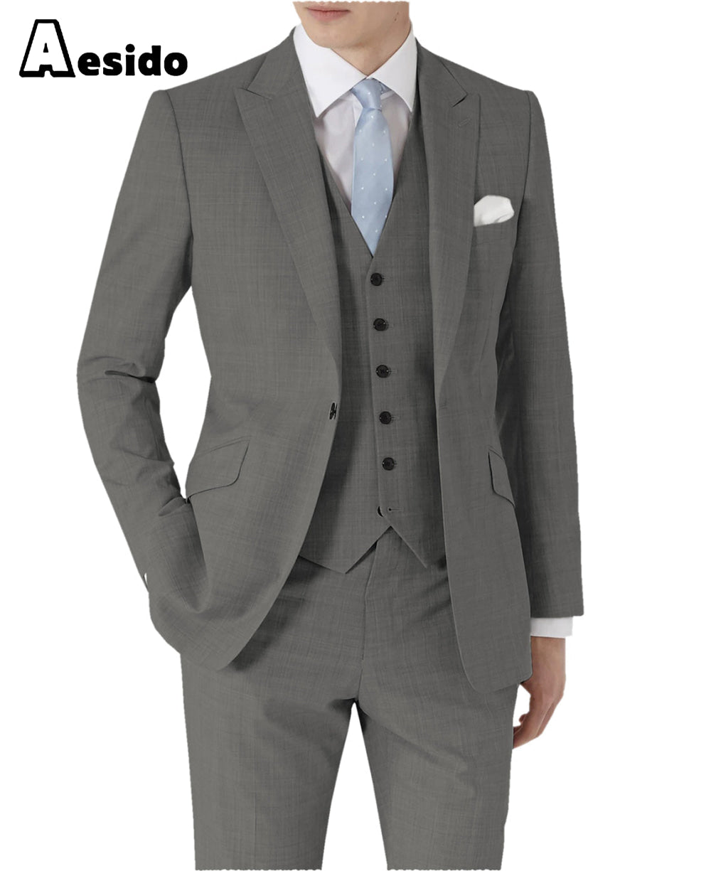 aesido 3 Pieces Single Buttons Peak Lapel Men Suit(Blazer+Vest+Pants)