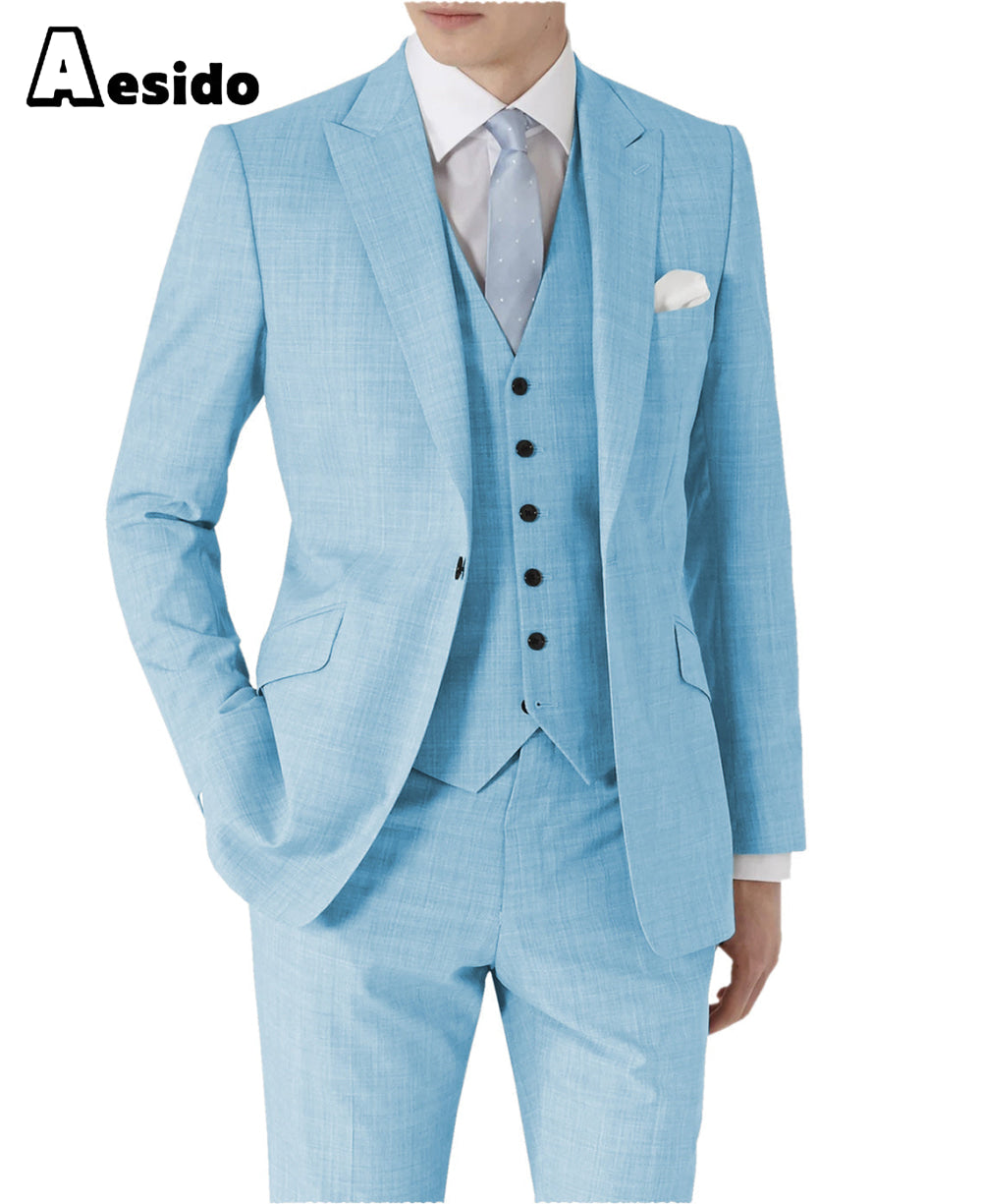 aesido 3 Pieces Single Buttons Peak Lapel Men Suit(Blazer+Vest+Pants)