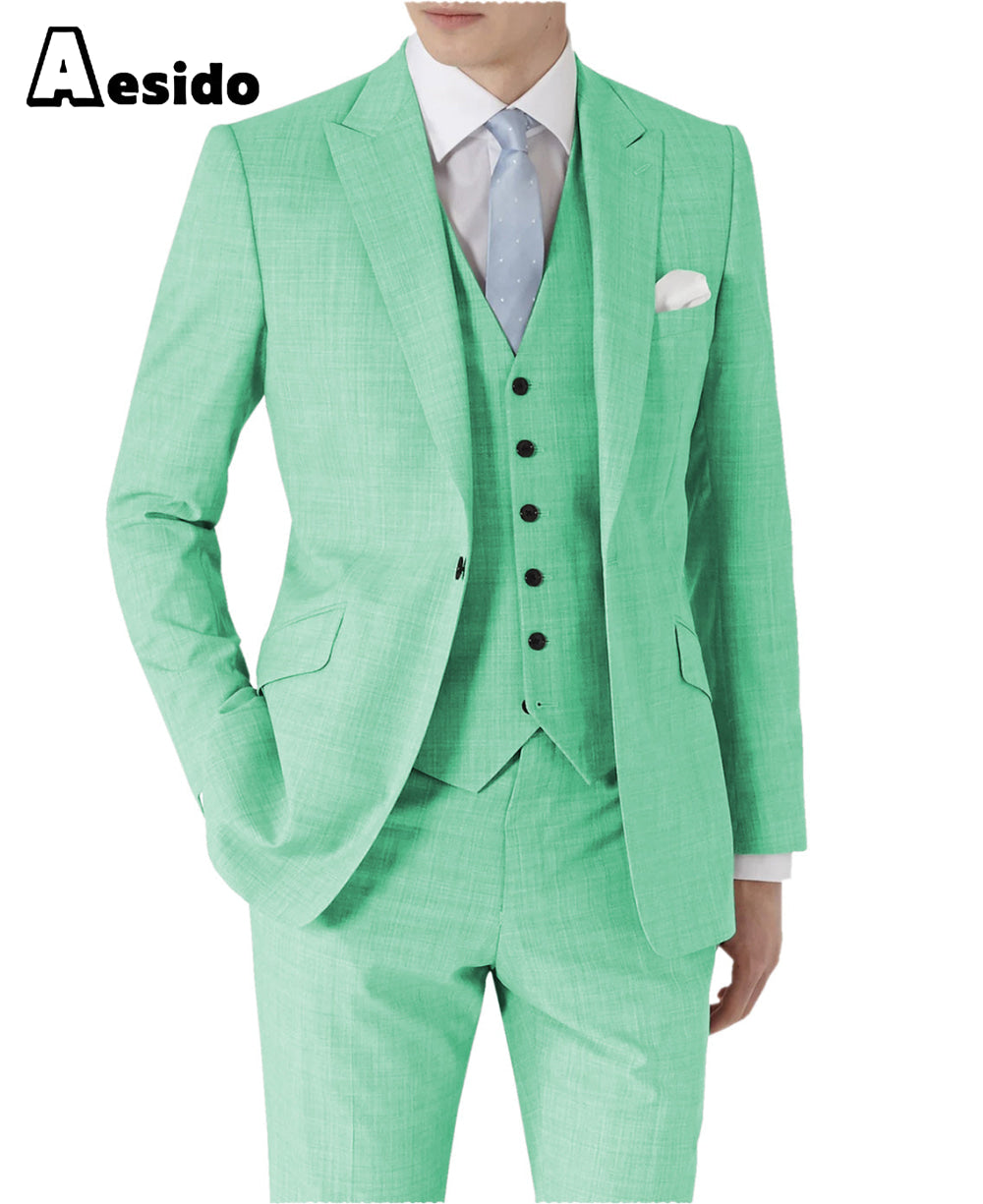 aesido 3 Pieces Single Buttons Peak Lapel Men Suit(Blazer+Vest+Pants)