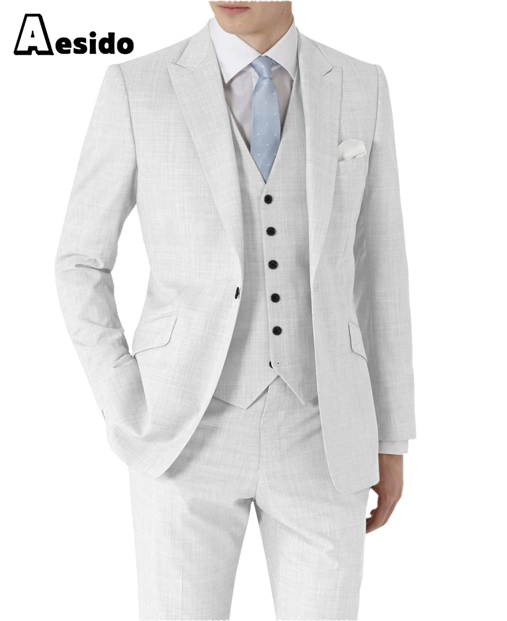 aesido 3 Pieces Single Buttons Peak Lapel Men Suit(Blazer+Vest+Pants)