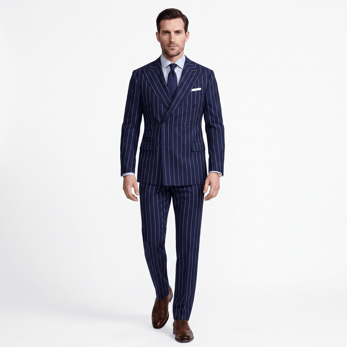 aesido Aesido 2 Pieces Navy Striped Double Breasted Business Slim Peak Lapel Men's Suits (Blazer+Pants)