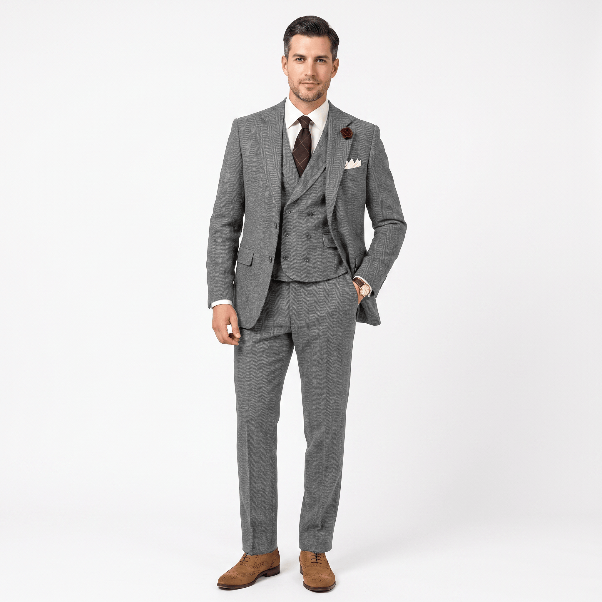 Aesido Aesido 3 Pieces Double Breasted Herringbone Slim Fit Notch Lapel Men's Suit(Blazer+Vest+Pants)