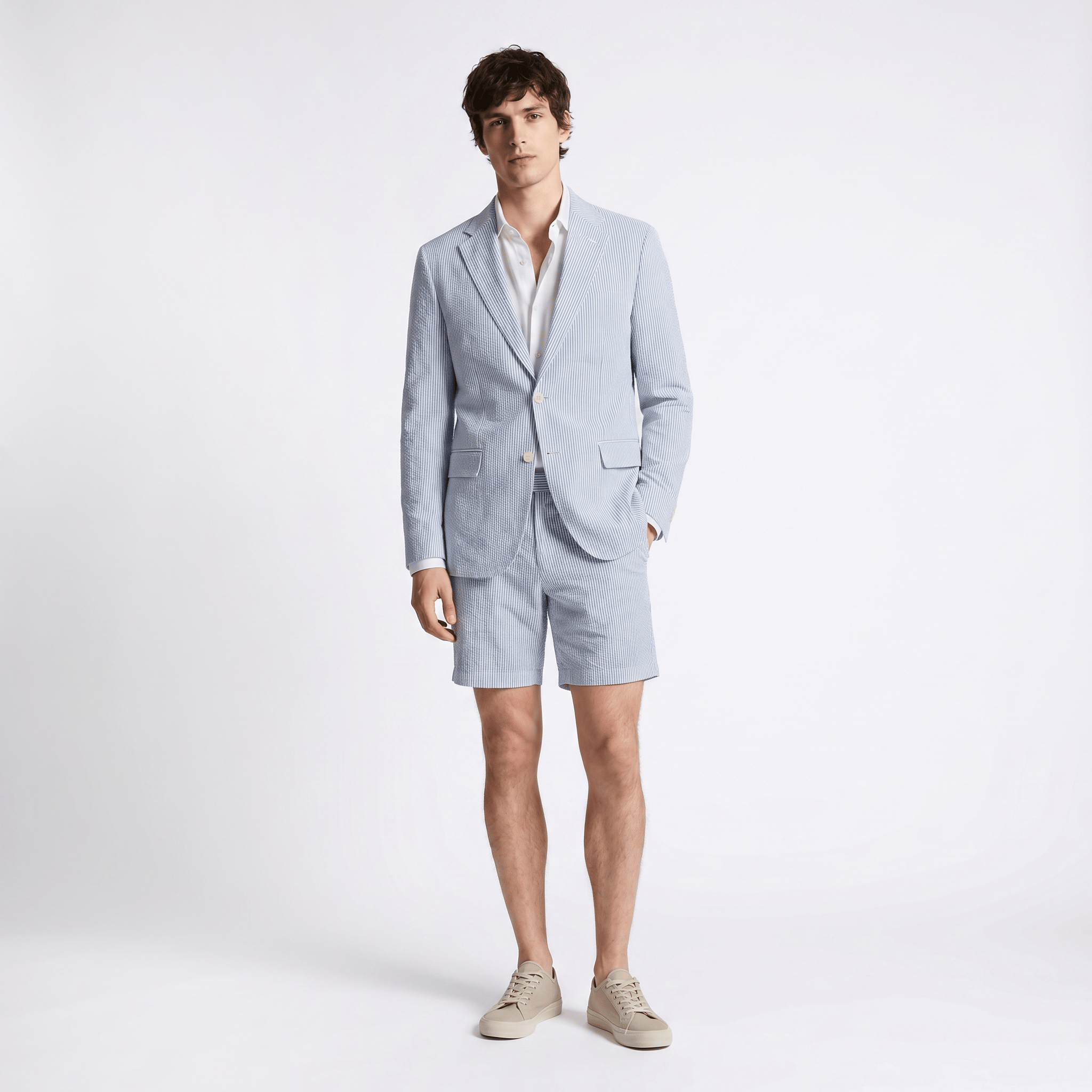 Aesido Light Blue Seersucker 2-Piece Men’s Summer Suit (Blazer + Shorts) Light Blue / 36R