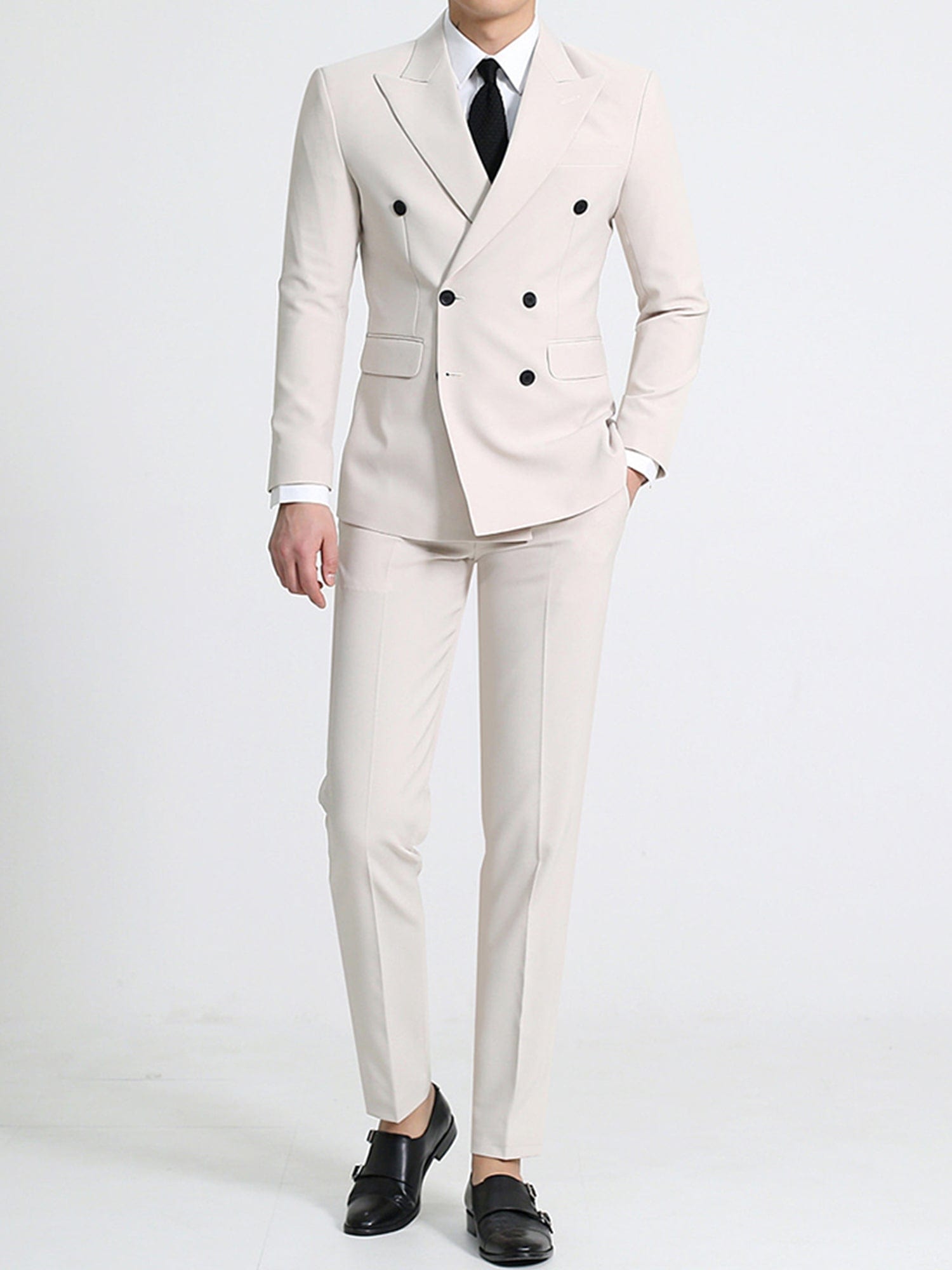 aesido Beige 2 Piece Double Brested Business Casual Silm Fil Men Suit