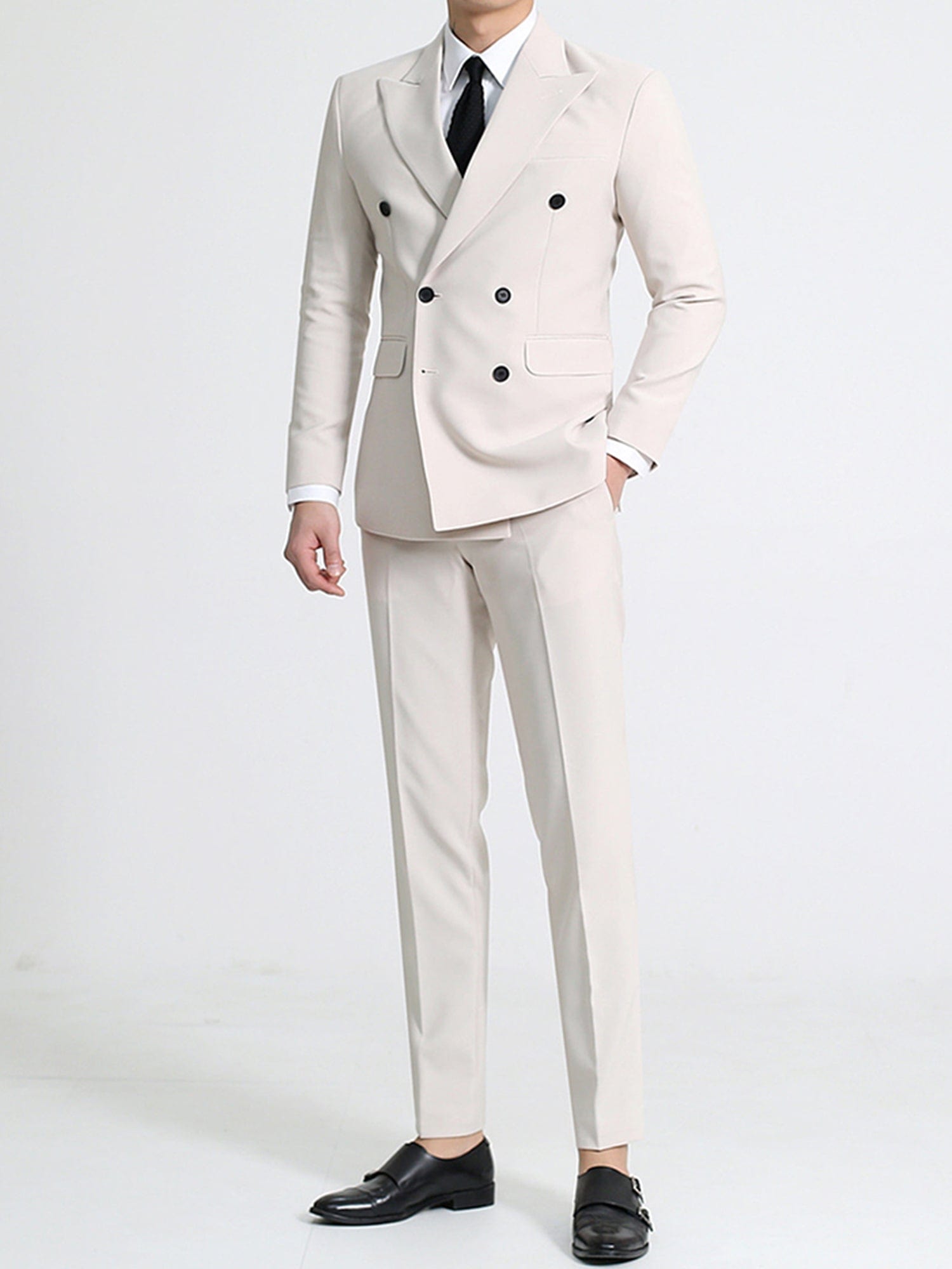 aesido Beige 2 Piece Double Brested Business Casual Silm Fil Men Suit