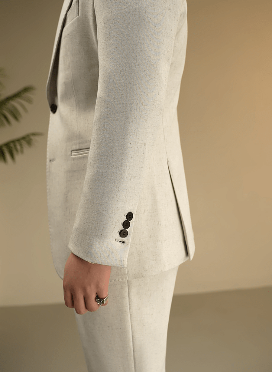 aesido Beige 2 Piece Solid Color Linen Spring And Summer Business Casual Slim Fit Men's Suit