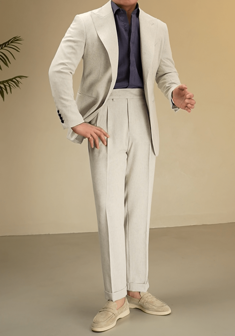 aesido Beige 2 Piece Solid Color Linen Spring And Summer Business Casual Slim Fit Men's Suit