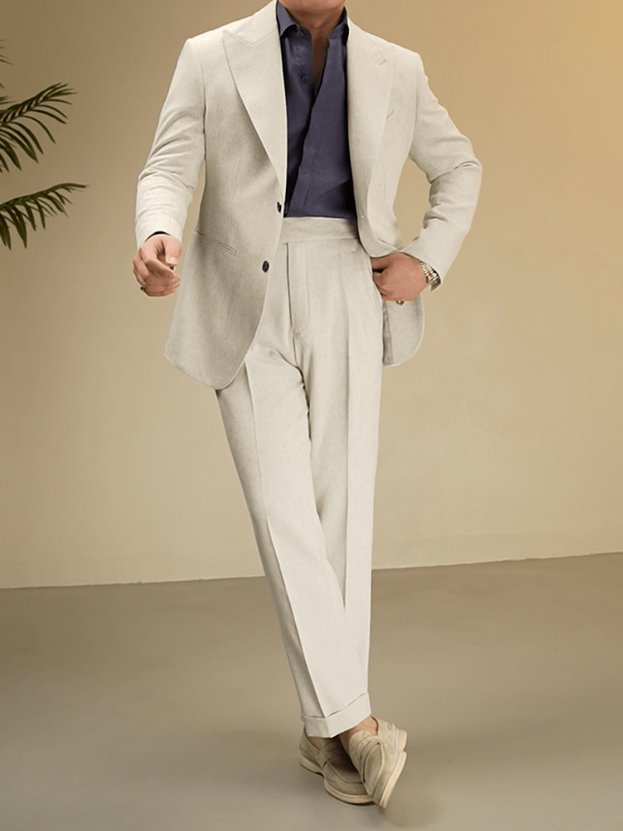 aesido Beige 2 Piece Solid Color Linen Spring And Summer Business Casual Slim Fit Men's Suit