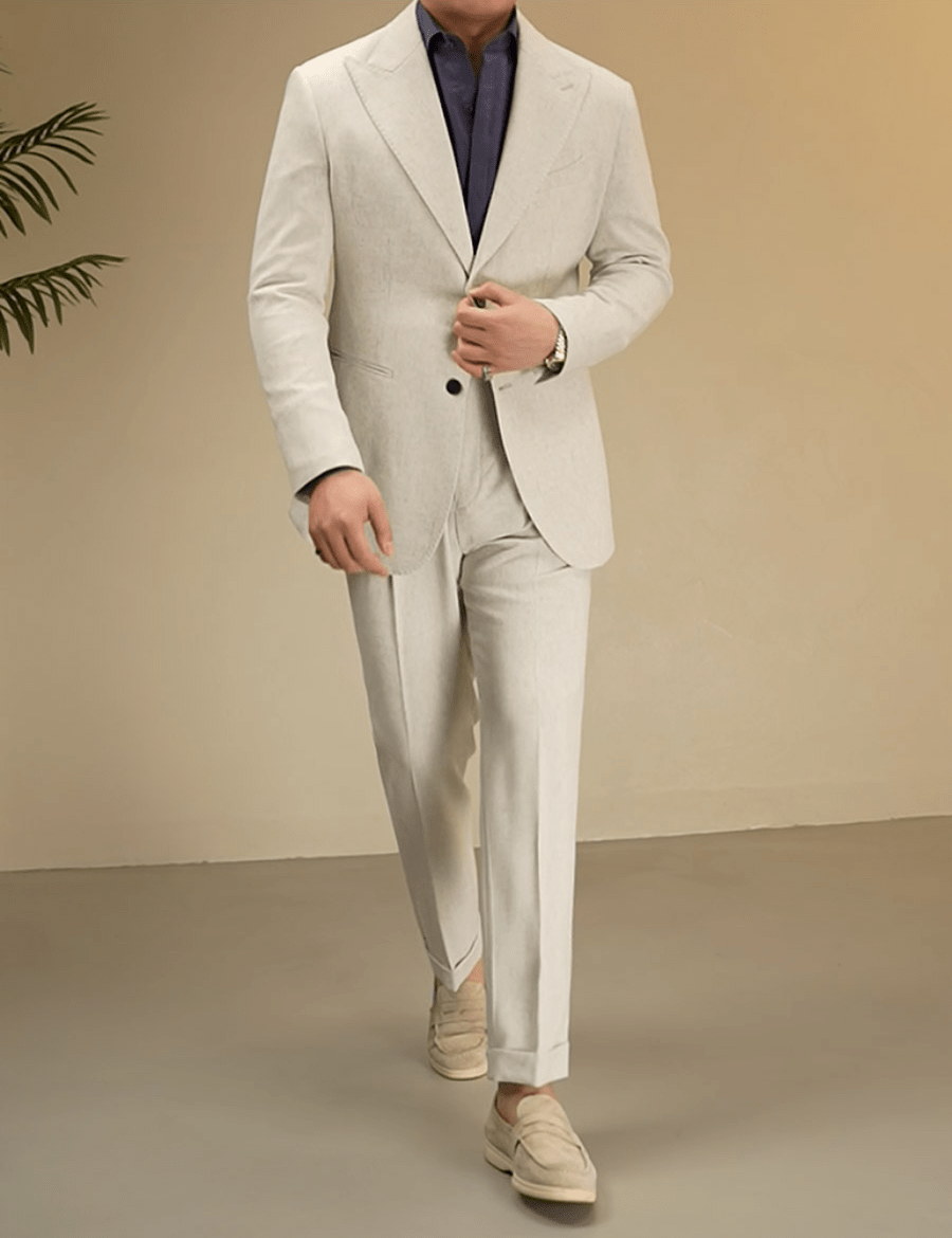 aesido Beige 2 Piece Solid Color Linen Spring And Summer Business Casual Slim Fit Men's Suit