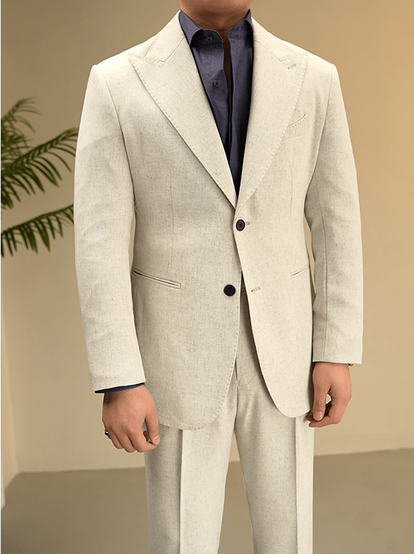 aesido Beige 2 Piece Solid Color Linen Spring And Summer Business Casual Slim Fit Men's Suit
