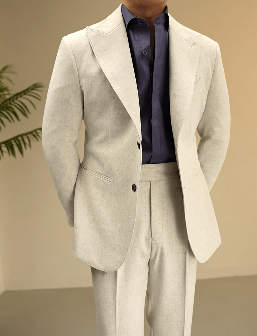 aesido Beige 2 Piece Solid Color Linen Spring And Summer Business Casual Slim Fit Men's Suit