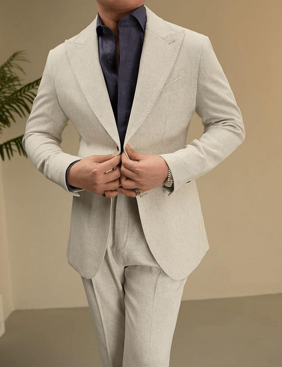 aesido Beige 2 Piece Solid Color Linen Spring And Summer Business Casual Slim Fit Men's Suit