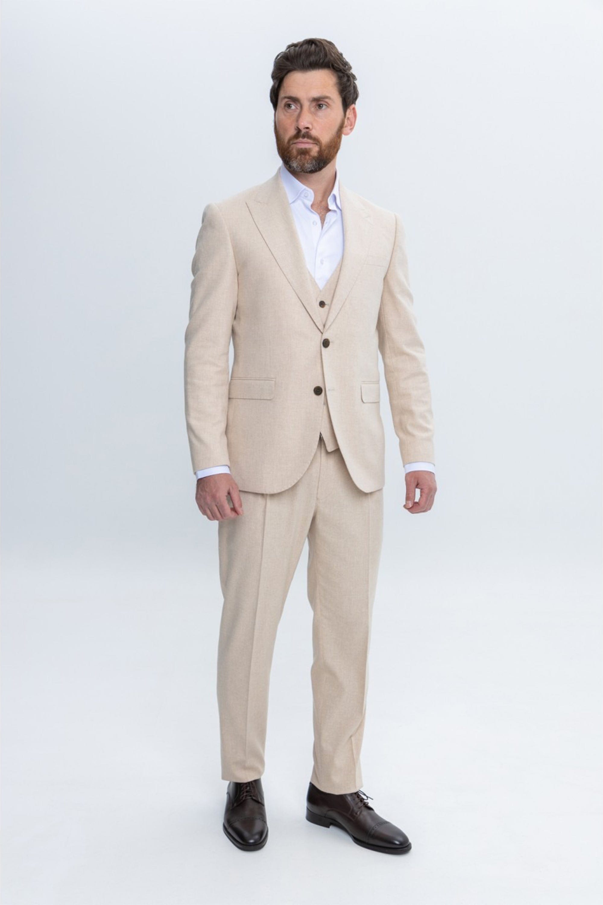 aesido Beige 3 Piece Double Button Business Casual Slim Fit Men Suit