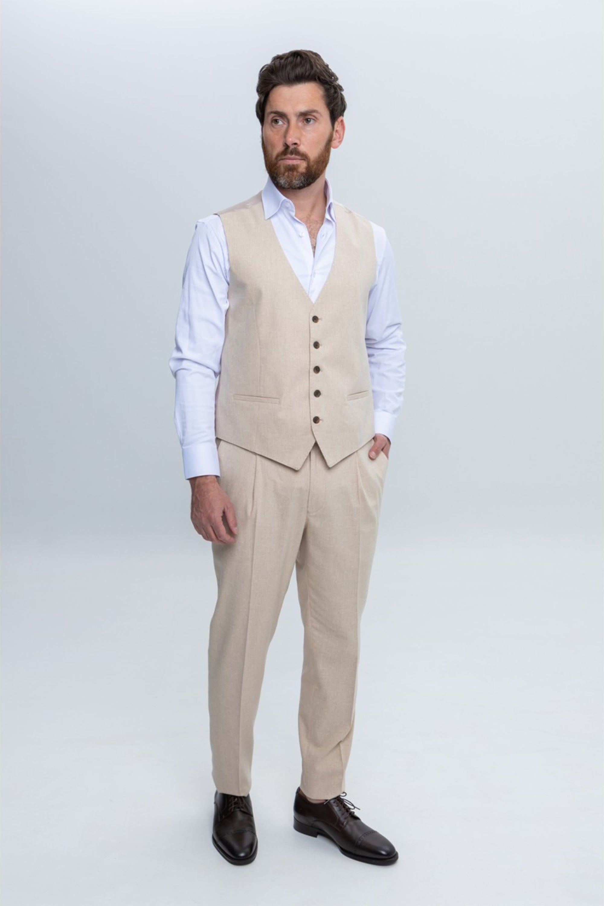 aesido Beige 3 Piece Double Button Business Casual Slim Fit Men Suit