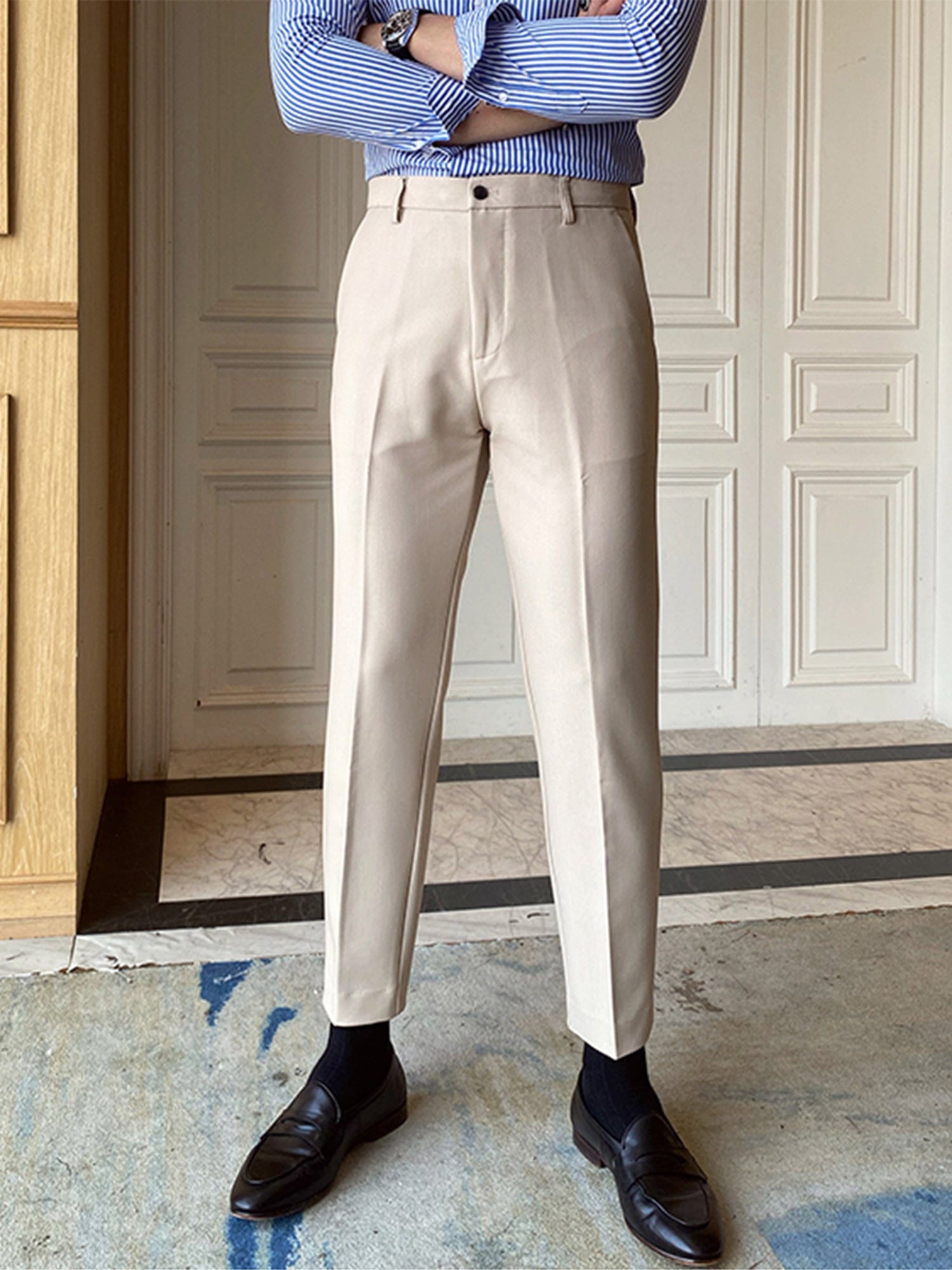 Beige Men's Business Casual Slim Straight Pants Beige / 42W X 34L Beige Men's Business Casual Slim Straight Pants Beige / 42W X 34L