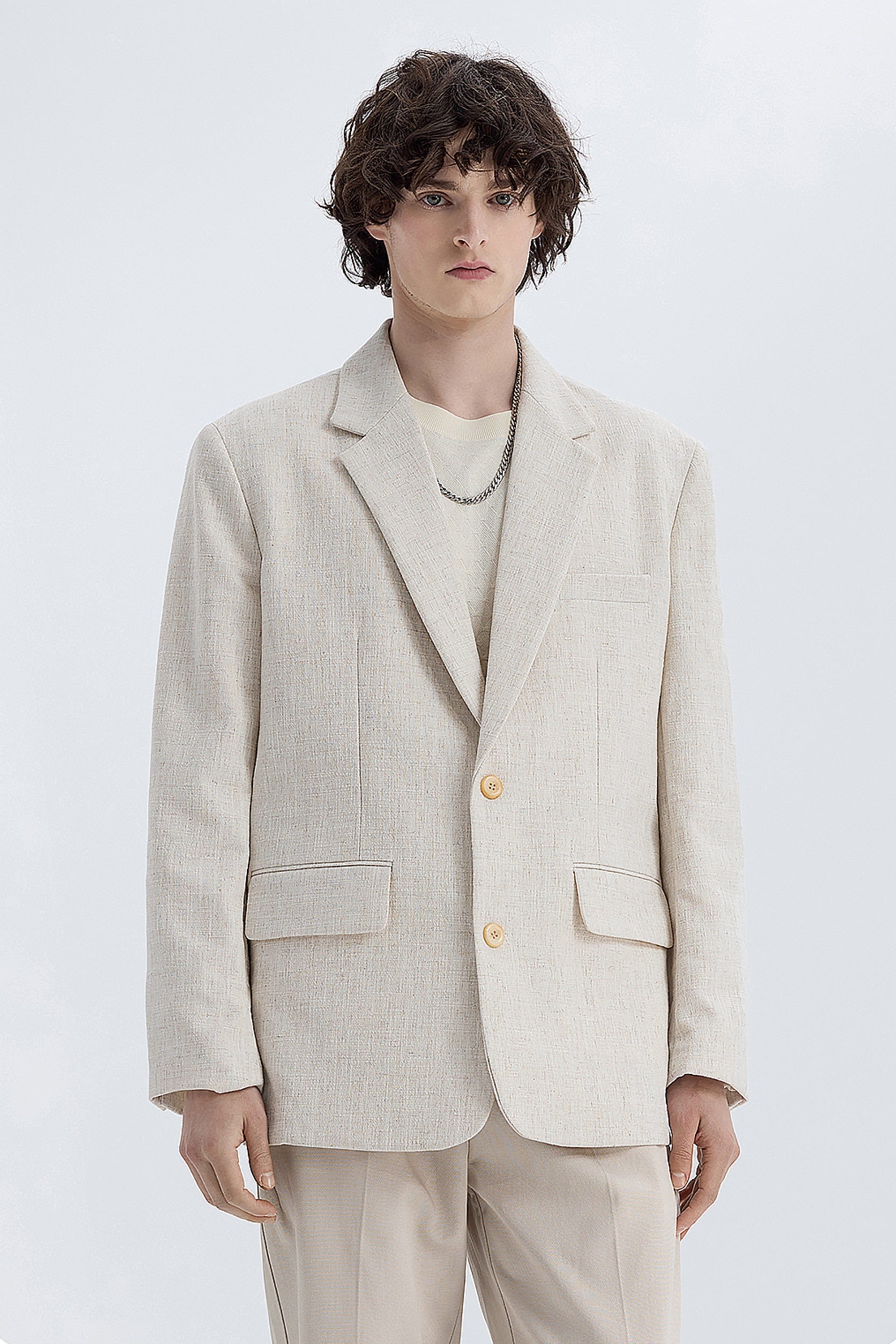 aesido Beige Men's Vintage Single-Breasted Linen Casual Blazer