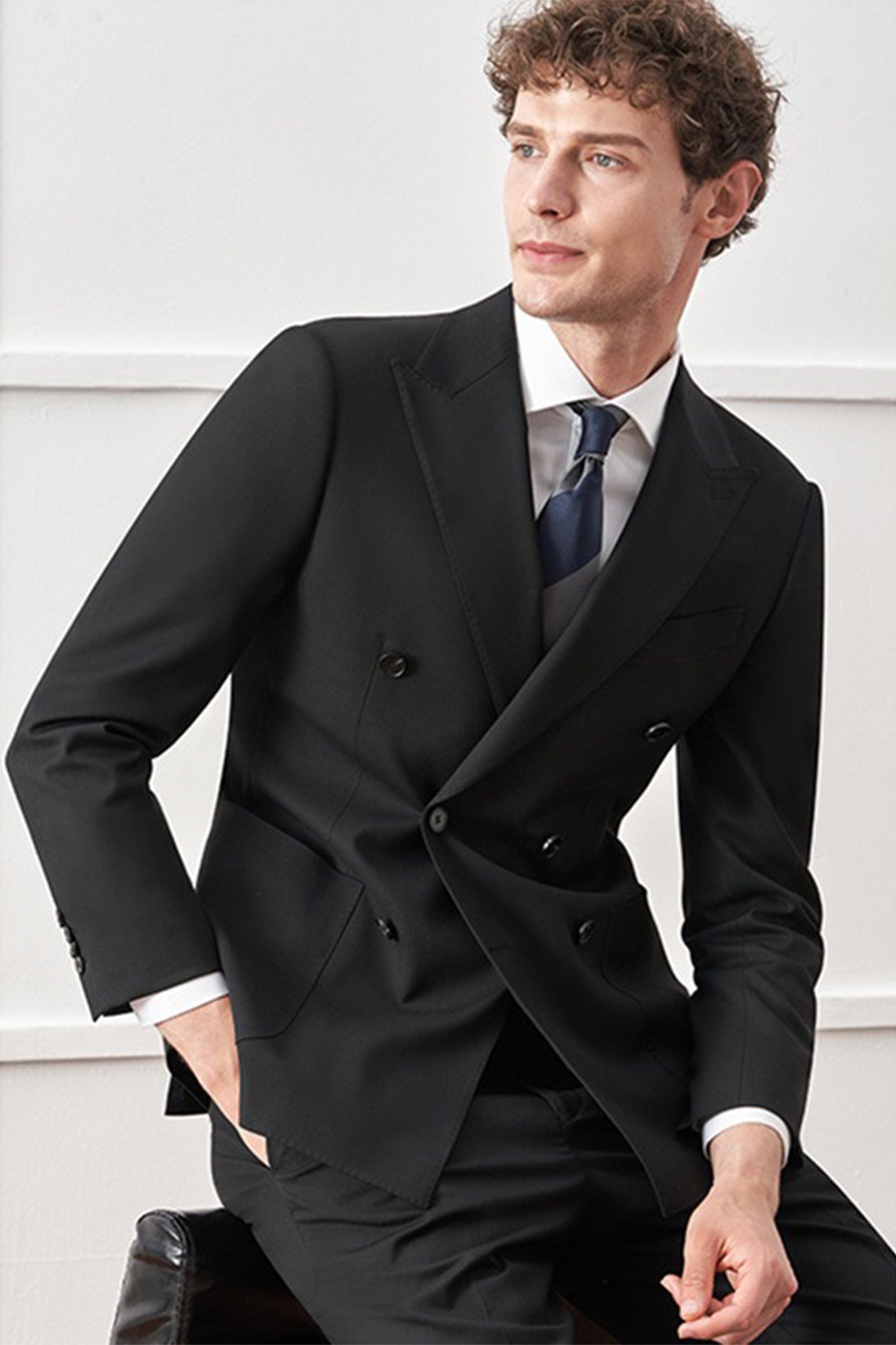 aesido Black 2 Piece Double Breasted Business Casual Men's Suit Groom Wedding Banquet Dress