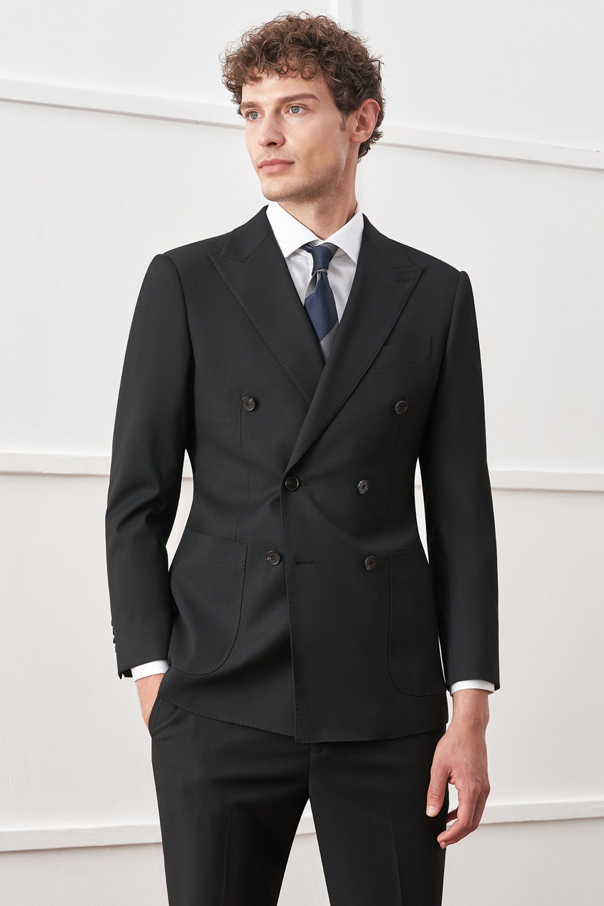 aesido Black 2 Piece Double Breasted Business Casual Men's Suit Groom Wedding Banquet Dress