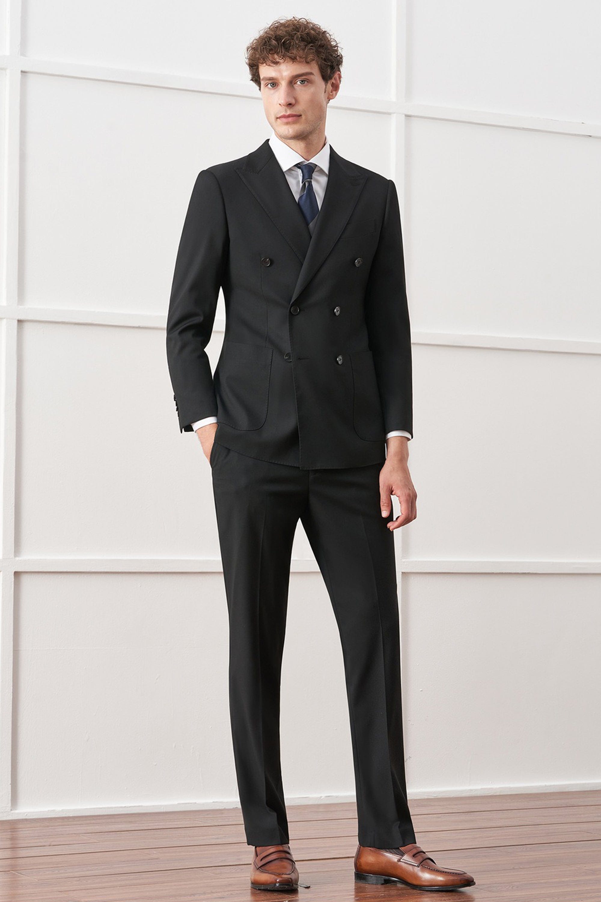 aesido Black 2 Piece Double Breasted Business Casual Men's Suit Groom Wedding Banquet Dress